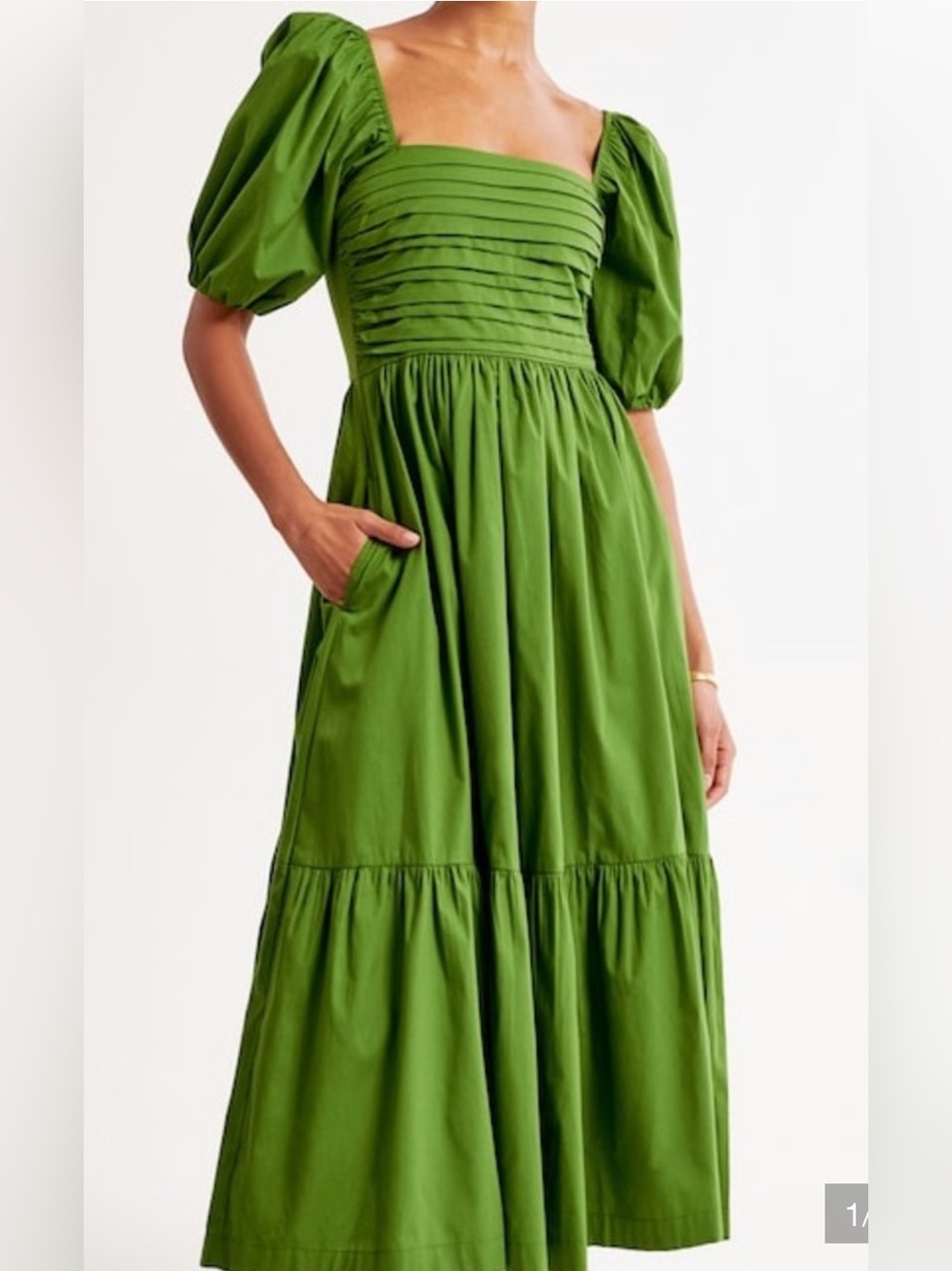 Abercrombie & Fitch Olive Green Puff-Sleeve Midi Dress